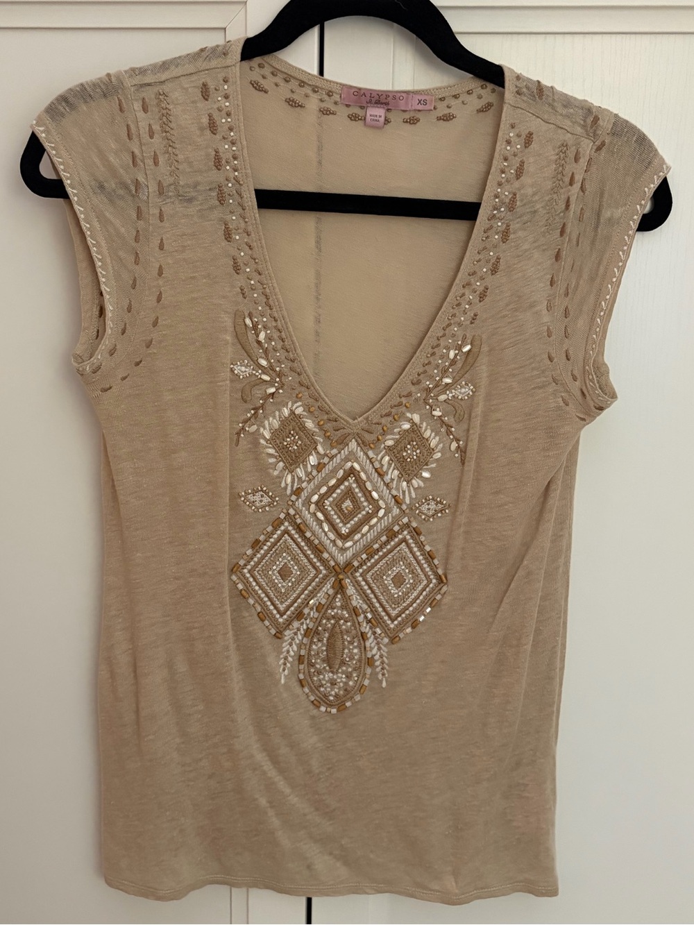 Like-New Calypso St. Barth Linen Beaded V Neck Cap Sleeve Neutral BohoTop Sz XS